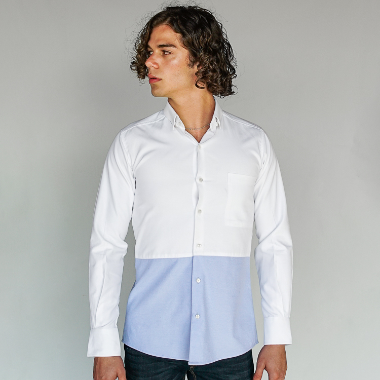 Camisa blanco diseño block celeste marca Business Casual slim | 127422