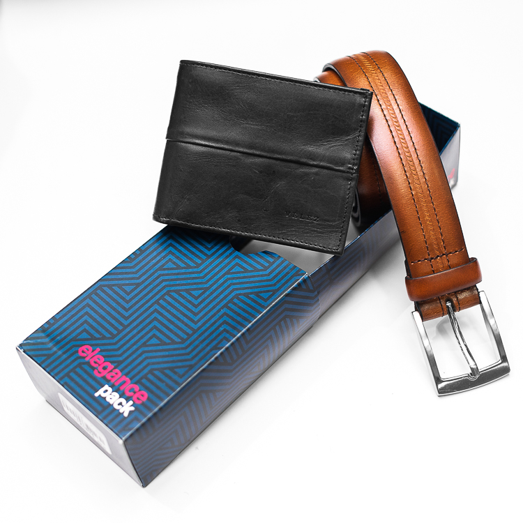 Pack de billetera y Cinturón negro con diseño denim y corte central  marca Vélez clásico | 121894